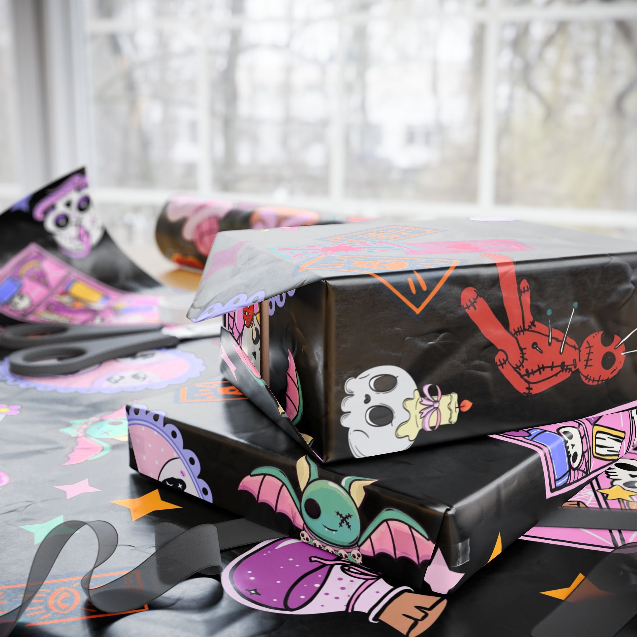 Tarot Witch Wrapping Paper Roll – Mystical Black Gift Wrap with Crystals, Cards & Stars