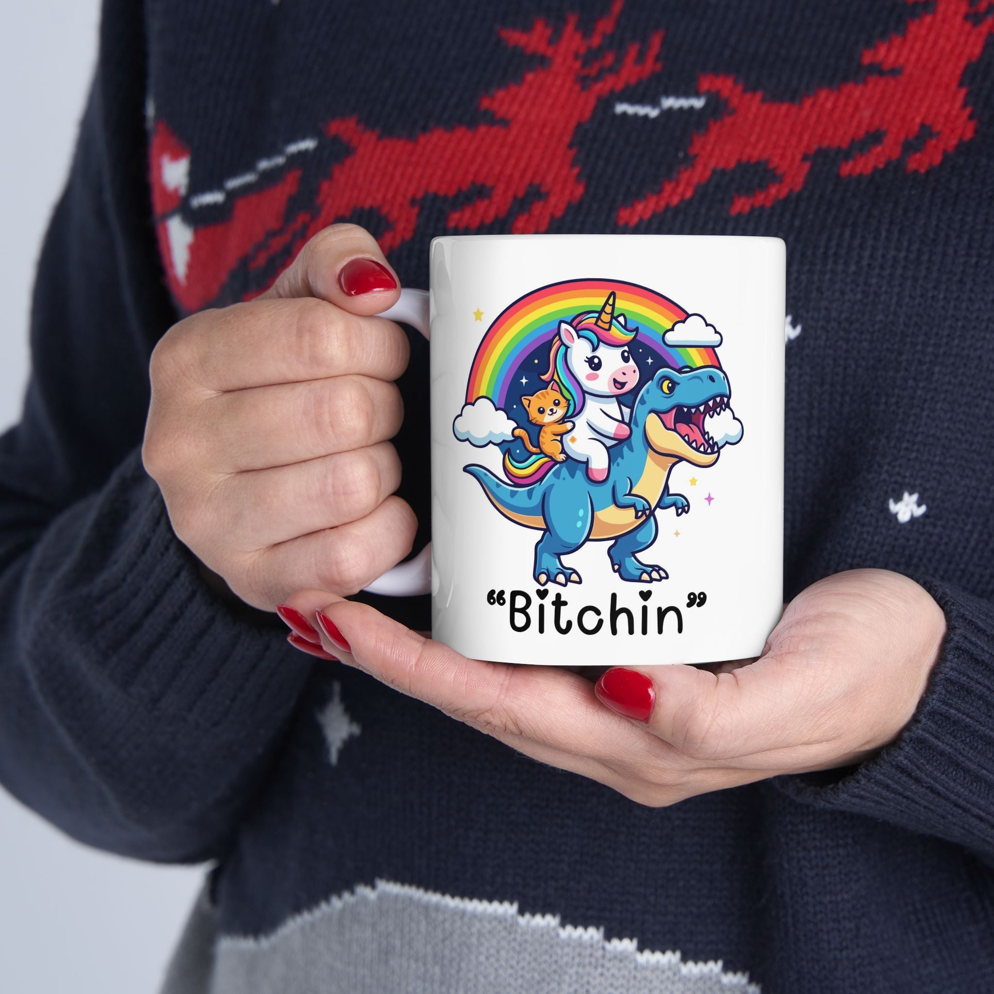“Be Fierce” Rainbow T-Rex Ceramic Mug (11oz & 15oz) - Funny Dinosaur Coffee Cup, Cute Colorful Gift