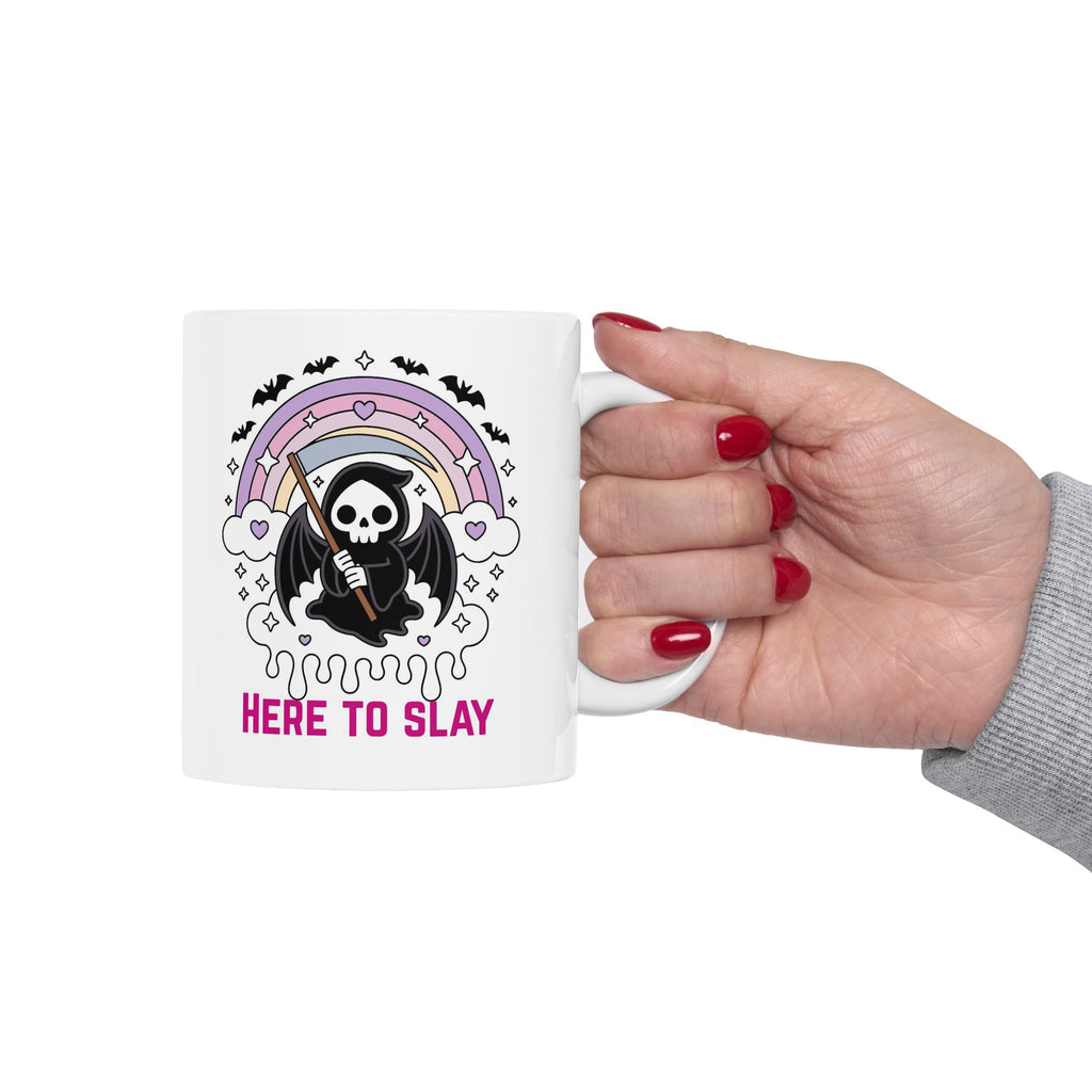 Here to Slay Mug — Cute Goth Rainbow Ceramic Coffee Cup (11oz & 15oz)