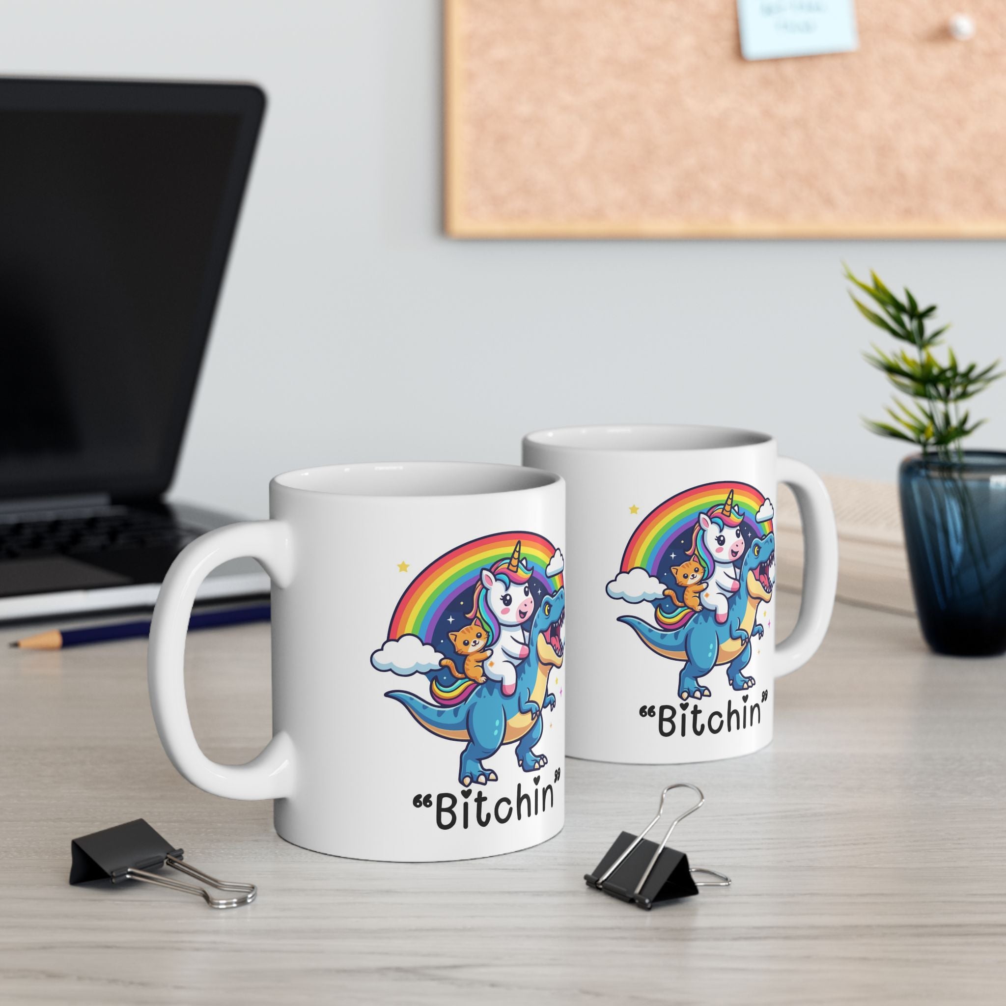 “Be Fierce” Rainbow T-Rex Ceramic Mug (11oz & 15oz) - Funny Dinosaur Coffee Cup, Cute Colorful Gift