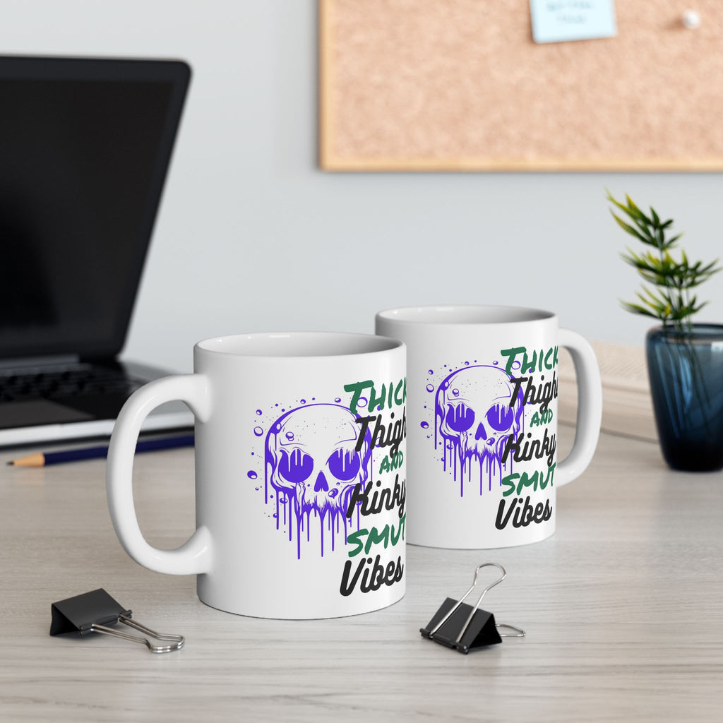 11oz/15oz Ceramic Mug — 'Thick Thighs & Spooky Vibes' Halloween Skull Coffee Cup