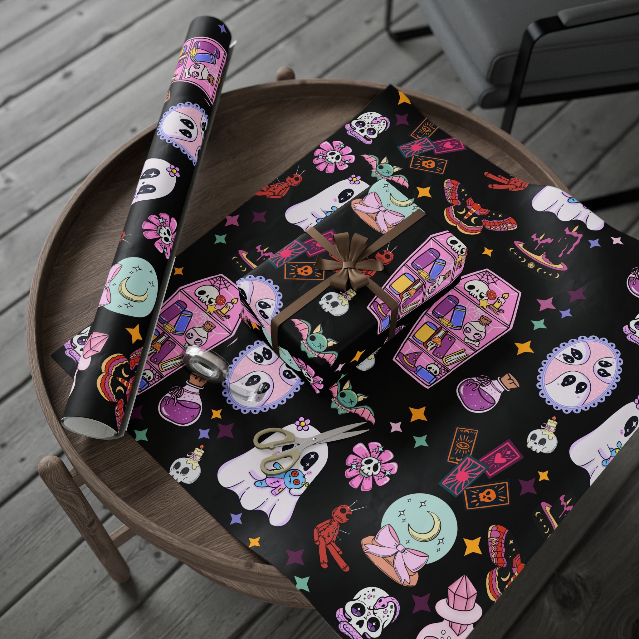 Tarot Witch Wrapping Paper Roll – Mystical Black Gift Wrap with Crystals, Cards & Stars