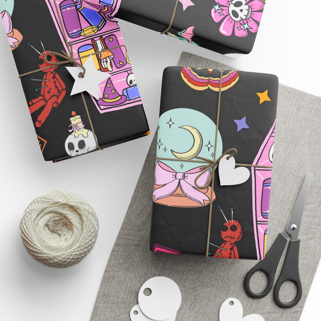 Tarot Witch Wrapping Paper Roll – Mystical Black Gift Wrap with Crystals, Cards & Stars