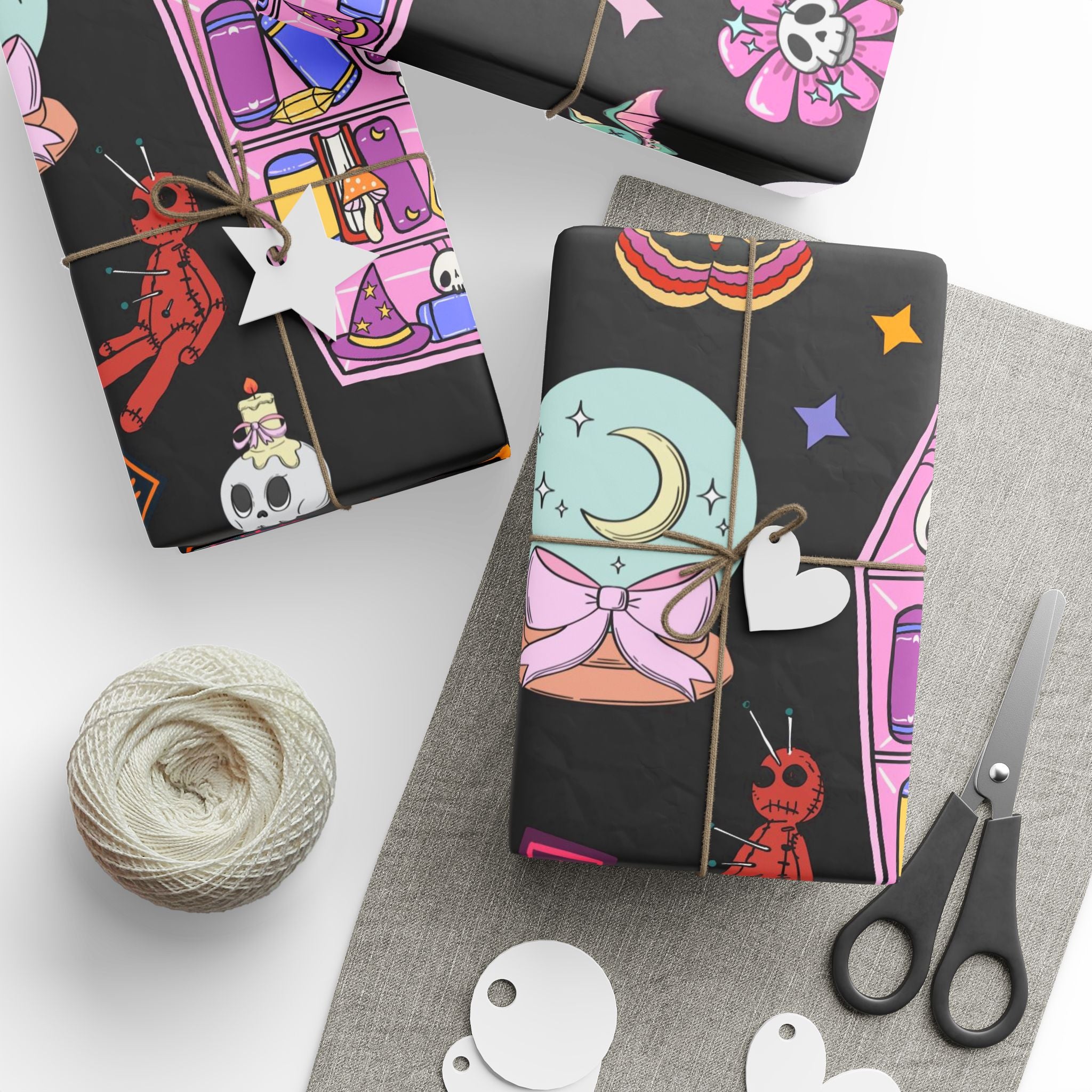 Tarot Witch Wrapping Paper Roll – Mystical Black Gift Wrap with Crystals, Cards & Stars