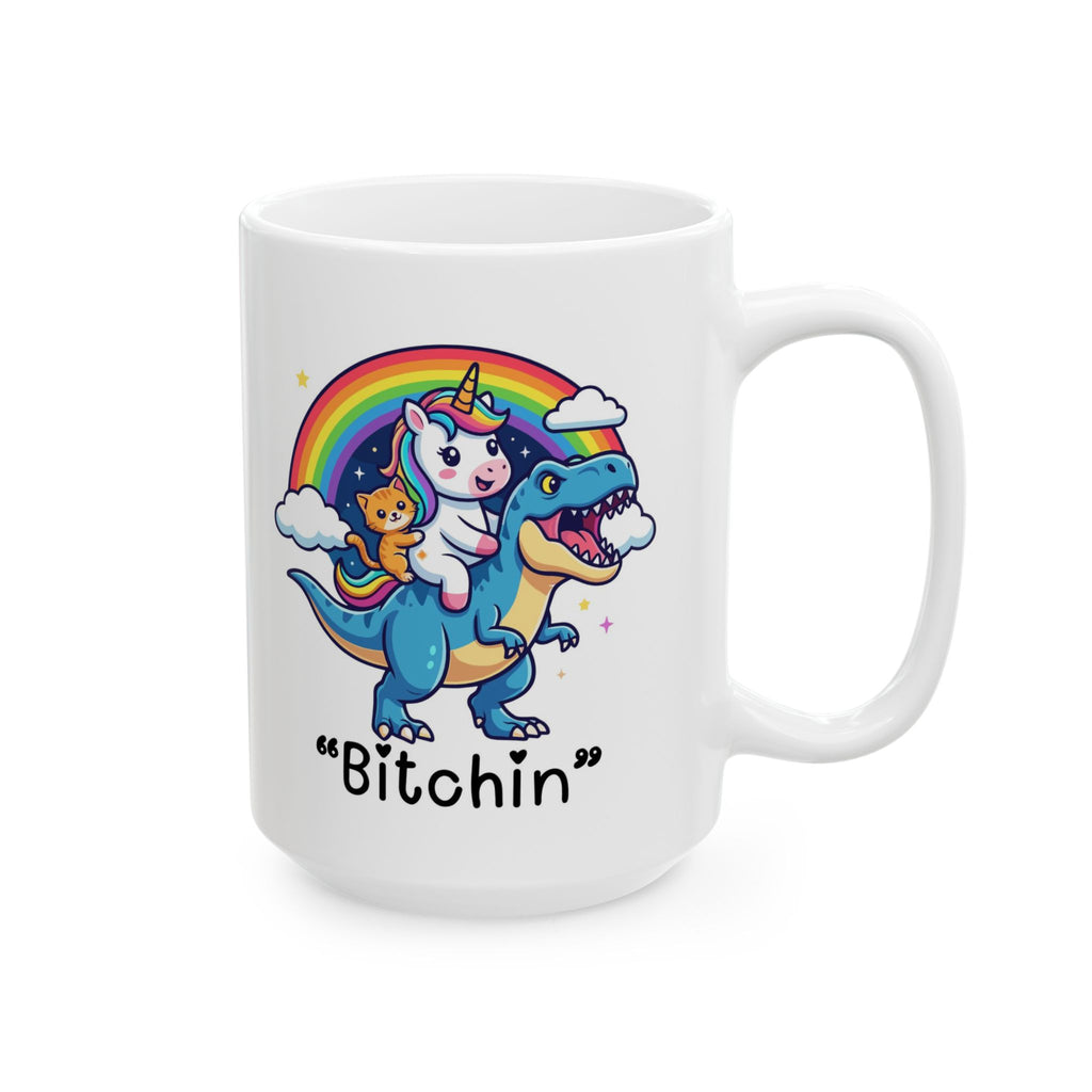 “Be Fierce” Rainbow T-Rex Ceramic Mug (11oz & 15oz) - Funny Dinosaur Coffee Cup, Cute Colorful Gift